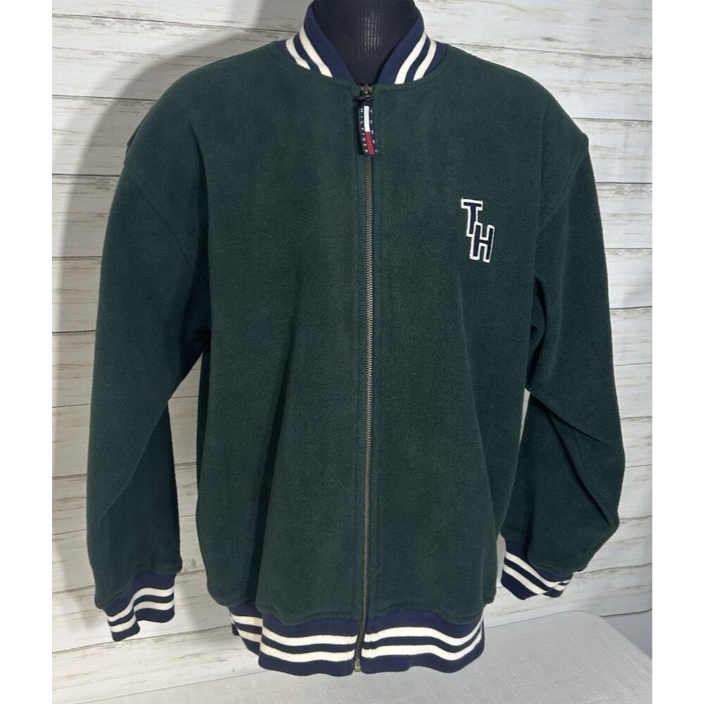 Vintage Tommy Hilfiger LARGE Mens Green Blue White Stripe Fleece Varsity Jacket